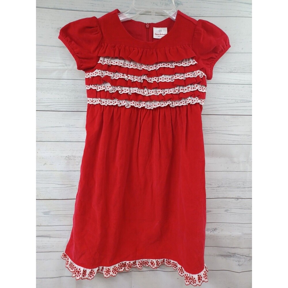 Hanna Andersson Dress Girls 130 US 8 Red White Corduroy Ruffles